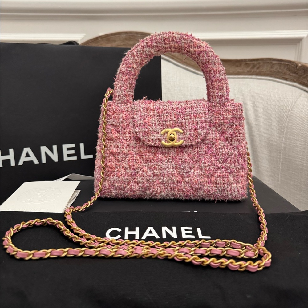 Chanel 24P KELLY Nano Barbie Pink Tweed Top Handle Shopping Bag Handbag Gold - Picture 2 of 12
